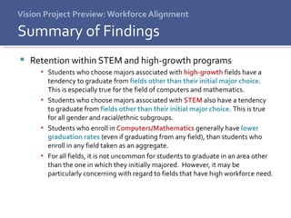 Vision Project Preview: Workforce Alignment Retention within STEM and high-growth programs Students who choose majors associated with  high-growth  fields   have a tendency to graduate from  fields other than their initial major choice.  This is especially true for the field of computers and mathematics. Students who choose majors associated with  STEM  also have a tendency to graduate from  fields other than their initial major choice.  This is true for all gender and racial/ethnic subgroups. Students who enroll in  Computers/Mathematics  generally have  lower graduation rates  (even if graduating from any field), than students who enroll in any field taken as an aggregate.  For all fields, it is not uncommon for students to graduate in an area other than the one in which they initially majored.  However, it may be particularly concerning with regard to fields that have high workforce need.  Summary of Findings 