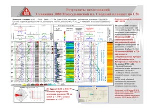 12
Результаты исследований
Скважина 3080 Москудьинской пл. Сводный планшет по С2b
По данным БКС и ИПТН
основное направление
залегания пластов С2b на
запад φ ~ 270° с углами
наклона α ~ 3-5°.
Дополнительные исследования:
БКС, ИПТН
По данным ГИС интервал
башкирских отложений С2b
1192.0-1237.0м (Кп=7.7-15.8%)
представлен известняками с
разным типом коллекторов.
По данным БКС со
слабовыраженной
анизотропией пород.
Коэффициент анизотропии по
данным БКС с низкими
значениями KAZ(БКС)=1.1-1.2
По данным ИПТН в С2b
наклонных и
субвертикальных трещин
не наблюдается (см.
Видеограмму по параметру А).
По данным ФМС (АК):
- Кр (коэф.Пуассона),
выделяются редкие интервалы с
трещинами, где Kp>0.33;
- Е (Модуль Юнга), снижение
показаний связано с пористостью
пород;
-BETA (коэф. объемной
сжимаемости) увеличение
показаний наблюдается в
интервалах пористых пород.
Примечание: по АК (прибор МАК-2)
определяются только ФМС пород, без
определения коэффициента
анизотропии, который определяется
методом ВАК-Д (прибор АВАК-11).
ПараметрыВиС
применяютсядля
расчетакажущихся
αиφ
Данные по скважине: 01-02.12.2010г. Забой –1237.0м, Дскв.-0.143м, категория – добывающая, отложения С2b (1192.0-
1237.0м). Буровой раствор: ББР-СКП, плотность=1.18кг/см3, вязкость=47с, У.Э.С.БКЗ = 0.095 Омм. Угол наклона скважины –
45-46°.
 