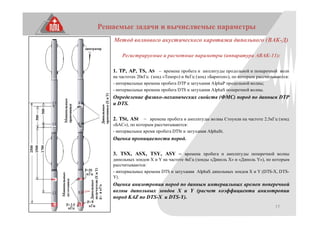 17
Решаемые задачи и вычисляемые параметры
Метод волнового акустического каротажа дипольного (ВАК-Д)
Регистрируемые и расчетные параметры (аппаратура АВАК-11):
1. TP, АP, TS, АS – времена пробега и амплитуды продольной и поперечной волн
на частотах 20кГц (зонд «Тенор») и 8кГц (зонд «Баритон»), по которым рассчитываются:
- интервальные времена пробега DTP и затухания AlphaP продольной волны;
- интервальные времена пробега DTS и затухания AlphaS поперечной волны.
Определение физико-механических свойств (ФМС) пород по данным DTP
и DTS.
2. TSt, АSt – времена пробега и амплитуды волны Стоунли на частоте 2.5кГц (зонд
«БАС»), по которым рассчитываются:
- интервальное время пробега DTSt и затухания AlphaSt.
Оценка проницаемости пород.
3. TSХ, АSХ, TSY, АSY – времена пробега и амплитуды поперечной волны
дипольных зондов Х и Y на частоте 4кГц (зонды «Диполь Х» и «Диполь Y»), по которым
рассчитываются:
- интервальные времена DTS и затухания AlphaS дипольных зондов X и Y (DTS-X, DTS-
Y).
Оценка анизотропии пород по данным интервальных времен поперечной
волны дипольных зондов X и Y (расчет коэффициента анизотропии
пород KAZ по DTS-X и DTS-Y).
 
