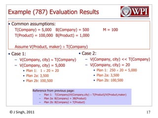 Example (787) Evaluation ResultsCommon assumptions:T(Company) = 5,000	B(Company) = 500	M = 100T(Product) = 100,000	B(Product) = 1,000Assume V(Product, maker)  T(Company)Case 2: V(Company, city) << T(Company)V(Company, city) = 20Plan 1:  250  20 = 5,000Plan 2a: 3,500Plan 2b: 100,500Case 1: V(Company, city)  T(Company)V(Company, city) = 5,000 Plan 1:   1  20 = 20Plan 2a: 3,500Plan 2b: 100,500Reference from previous page:Plan 1:   T(Company)/V(Company,city)  T(Product)/V(Product,maker)