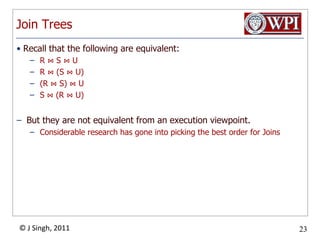 OutlineConvert SQL query to a parse treeSemantic checking: attributes, relation names, typesConvert to a logical query plan (relational algebra expression)deal with subqueriesImprove the logical query planuse algebraic transformationsgroup together certain operatorsevaluate logical plan based on estimated size of relations Convert to a physical query plansearch the space of physical plans choose order of operationscomplete the physical query plan