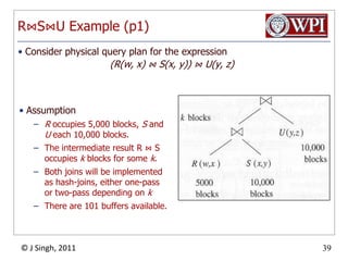 Best Plan (R1 ⋈ R2 ⋈ … ⋈ Rn-1) ⋈ RnReducing the Search Space Left-deep trees vsBushy treesCombinatoric explosion of the number of possible treesComputing the cost of all possible trees is not feasibleFor a 6-way Join, we can haveMore than 30,000 bushy trees6!, or 720 left-deep treesLeft-deep trees leave their result in memory, making it possible to pipeline efficientlyTrees without Cartesian productExample:  R(A,B) ⋈S(B,C) ⋈ T(C,D)Plan: (R(A,B) ⋈T(C,D)) ⋈S(B,C) has a Cartesian productMost query optimizers will not consider it