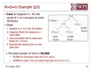 Choosing a Selection MethodAlgorithm for each selection operator1. Can we use an created index on an attribute?If yes, index-scan. (Otherwise table-scan)2. After retrieving all condition-satisfied tuples in (1), filter them with the remaining selection conditionsIn other words,When computing c1  c2  …  cn(R), we index-scan on ci, then filter the result on all other ci, where j  i.The next 2 pages show an example where we examine several options and pick the best one