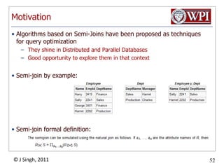 OutlineConvert SQL query to a parse treeSemantic checking: attributes, relation names, typesConvert to a logical query plan (relational algebra expression)deal with subqueriesImprove the logical query planuse algebraic transformationsgroup together certain operatorsevaluate logical plan based on estimated size of relations Convert to a physical query plansearch the space of physical plans choose order of operationscomplete the physical query planThree topicsChoosing the physical implementations (e.g., select and join methods)Decisions regarding materialized vs pipelinedNotation for physical query plans