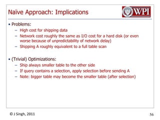OutlineConvert SQL query to a parse treeSemantic checking: attributes, relation names, typesConvert to a logical query plan (relational algebra expression)deal with subqueriesImprove the logical query planuse algebraic transformationsgroup together certain operatorsevaluate logical plan based on estimated size of relations Convert to a physical query plansearch the space of physical plans choose order of operationscomplete the physical query plan