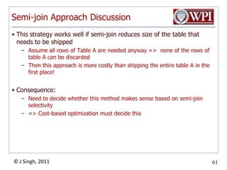 Naïve approach (1)Idea: Use standard join and fetch table page-wise from remote node if necessary (send- and receive-operators)Example:Join is executed on node 2 using a Nested-Loop-JoinOuter loop: Request page of table A from node 1 (remote)Inner loop: For each page iterate over table B and produce output=> Random access of pages on node 1 (due to network delay)Node 1Node 2RequestTable APage A1Table BSend
