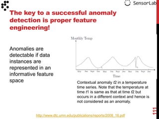 The key to a successful anomaly
detection is proper feature
engineering!


Anomalies are
detectable if data
instances are
represented in an
informative feature
space                               Contextual anomaly t2 in a temperature
                                    time series. Note that the temperature at
                                    time t1 is same as that at time t2 but
                                    occurs in a different context and hence is
                                    not considered as an anomaly.




                                                                                 111
           http://www.dtc.umn.edu/publications/reports/2008_16.pdf
 