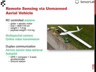 Remote Sensing via Unmanned
Aerial Vehicle
RC controlled airplane
  •   glider + electric motor
  •   size = 268×118 cm
  •   weight = 1.8 kg
  •   payload weight < 0.4 kg

Multispectral camera
Online video transmission

Duplex communication
Ad-hoc sensor data retrieval
Autopilot
  • GPS + compass + 3-axes
    accelerometer
  • Ground station




                                120
 