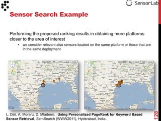 Sensor Search Example

  Performing the proposed ranking results in obtaining more platforms
  closer to the area of interest
      •   we consider relevant also sensors located on the same platform or those that are
          in the same deployment




                                                                                             128
L. Dali, A. Moraru, D. Mladenic , Using Personalized PageRank for Keyword Based
Sensor Retrieval, SemSearch (WWW2011), Hyderabad, India.
 