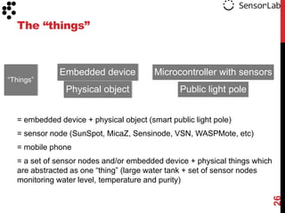 The “things”



              Embedded device            Microcontroller with sensors
“Things”
               Physical object                  Public light pole


  = embedded device + physical object (smart public light pole)
  = sensor node (SunSpot, MicaZ, Sensinode, VSN, WASPMote, etc)
  = mobile phone
  = a set of sensor nodes and/or embedded device + physical things which
  are abstracted as one “thing” (large water tank + set of sensor nodes
  monitoring water level, temperature and purity)




                                                                           26
 
