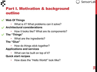Part I. Motivation & background
outline
Web Of Things
   • What is it? What problems can it solve?
Architectural considerations
   • How it looks like? What are its components?
The “Things”
   • What are the ingredients?
The “Glue”
   • How do things stick together?
Applications and services
   • What can be built on top of it?
Quick start recipes
   • How does the “Hello World!” look lilke?




                                                   38
 