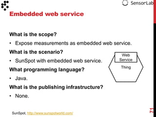 Embedded web service


What is the scope?
• Expose measurements as embedded web service.
What is the scenario?
                                          Web
• SunSpot with embedded web service.     Service
                                         Thing
What programming language?
• Java.
What is the publishing infrastructure?
• None.




                                                   71
 SunSpot, http://www.sunspotworld.com/
 
