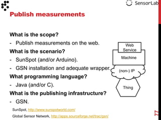 Publish measurements


What is the scope?
- Publish measurements on the web.                                 Web
What is the scenario?                                             Service
                                                                 Machine
- SunSpot (and/or Arduino).
- GSN installation and adequate wrapper.                        (non-) IP
What programming language?
- Java (and/or C).                                                Thing
What is the publishing infrastructure?
- GSN.
 SunSpot, http://www.sunspotworld.com/




                                                                            77
 Global Sensor Network, http://apps.sourceforge.net/trac/gsn/
 