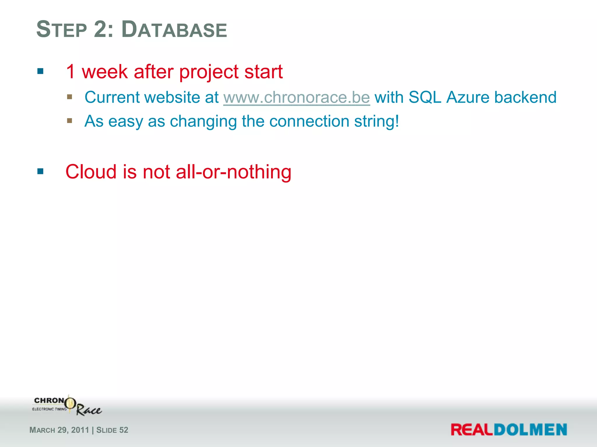 Invest in infrastructureCurrent infrastructureLeased hardware at a hoster10 Mbps Internet connection1 web server (XEON, 2 GB RAM), IIS61 database server (XEON, 2 GB RAM), SQL Server 2005“What-if” infrastructureLeased hardware at a hoster10 Mbps Internet connection5 web server (XEON, 2 GB RAM), IIS61 database server (XEON, 2 GB RAM), SQL Server 2005
