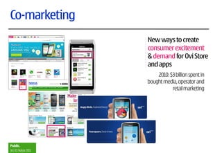 Co-marketing
                    New ways to create
                    consumer excitement
                    & demand for Ovi Store
                    and apps
                        2010: $3 billion spent in
                    bought media, operator and
                               retail marketing




Public.
16 | © Nokia 2011
 