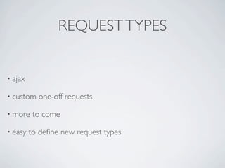REQUEST TYPES


• ajax

• custom   one-off requests

• more    to come

• easy   to deﬁne new request types
 