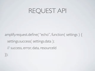 REQUEST API


amplify.request.deﬁne( “echo”, function( settings ) {
  settings.success( settings.data );
  // success, error, data, resourceId
});
 