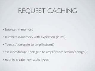 REQUEST CACHING

• boolean: in-memory

• number: in-memory       with expiration (in ms)

• “persist”: delegate   to amplify.store()

• “sessionStorage”: delegate    to amplify.store.sessionStorage()

• easy   to create new cache types
 