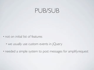 PUB/SUB


• not   on initial list of features

  • we   usually use custom events in jQuery

• needed    a simple system to post messages for amplify.request
 