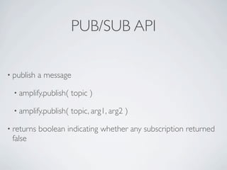 PUB/SUB API

• publish   a message

  • amplify.publish(   topic )

  • amplify.publish(   topic, arg1, arg2 )

• returns   boolean indicating whether any subscription returned
 false
 