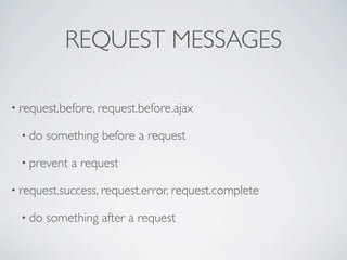REQUEST MESSAGES

• request.before, request.before.ajax

  • do   something before a request

  • prevent   a request

• request.success, request.error, request.complete

  • do   something after a request
 