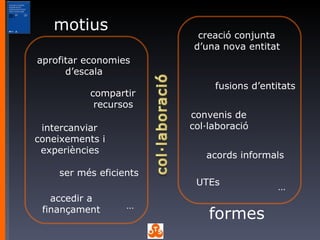 motius formes compartir recursos accedir a finançament intercanviar coneixements i experiències aprofitar economies d’escala ser més eficients creació conjunta d’una nova entitat convenis de col·laboració fusions d’entitats acords informals UTEs … … 