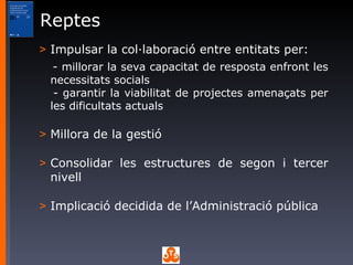 Reptes Impulsar la col·laboració entre entitats per: - millorar la seva capacitat de resposta enfront les necessitats socials - garantir la viabilitat de projectes amenaçats per les dificultats actuals Millora de la gestió Consolidar les estructures de segon i tercer nivell Implicació decidida de l’Administració pública 