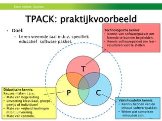 Kom verder. Saxion.



              TPACK: praktijkvoorbeeld
 • Doel:                                          Technologische kennis:
                                                  • Kennis van softwarepakket om
      – Leren vreemde taal m.b.v. specifiek         lerende te kunnen begeleiden.
        educatief software pakket.                • Kennis softwarepakket om leer-
                                                    resultaten vast te stellen




                                       T

Didactische kennis:
Keuzes maken t.a.v.:
• Mate van begeleiding
                                   P          C
• uitvoering klassikaal, groeps-                          Vakinhoudelijk kennis:
  gewijs of individueel                                   • Kennis hebben van de
• Mate van vrijheid leerlingen                              inhoud softwarepakket.
  m.b.t. uitvoering.                                      • Weten wat complexe
• Mate van controle.                                         inhouden zijn.
 