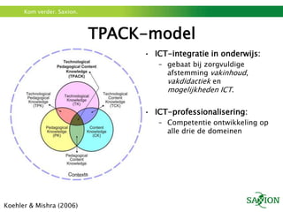 Kom verder. Saxion.



                            TPACK-model
                                 • ICT-integratie in onderwijs:
                                    – gebaat bij zorgvuldige
                                      afstemming vakinhoud,
                                      vakdidactiek en
                                      mogelijkheden ICT.


                                 • ICT-professionalisering:
                                    – Competentie ontwikkeling op
                                      alle drie de domeinen




Koehler & Mishra (2006)
 