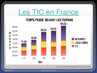 http://www.asso-icare.fr/Rapport-Moi.et.les.ecrans-2010.pdf   Les TIC en France 