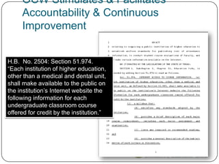 OCW Stimulates & Facilitates
     Accountability & Continuous
     Improvement


H.B. No. 2504: Section 51.974.
“Each institution of higher education,
other than a medical and dental unit,
shall make available to the public on
the institution’s Internet website the
following information for each
undergraduate classroom course
offered for credit by the institution.”
 