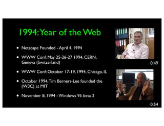 1994:Year of the Web
•   Netscape Founded - April 4, 1994

•   WWW Conf: May 25-26-27 1994, CERN,
    Geneva (Switzerland)                         0:49

•   WWW Conf: October 17-19, 1994, Chicago, IL

•   October 1994, Tim Berners-Lee founded the
    (W3C) at MIT

•   November 8, 1994 - Windows 95 beta 2
                                                 0:54
 