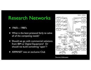 Research Networks
•   1960's - 1980's

•   What is the best protocol fairly to solve
    all of the competing needs?

•   Should we go with commercial solutions
    from IBM or Digital Equipment? Or
    should we build something “open”?

•   ARPANET was an exclusive Club

                                                Source: Unknown
 