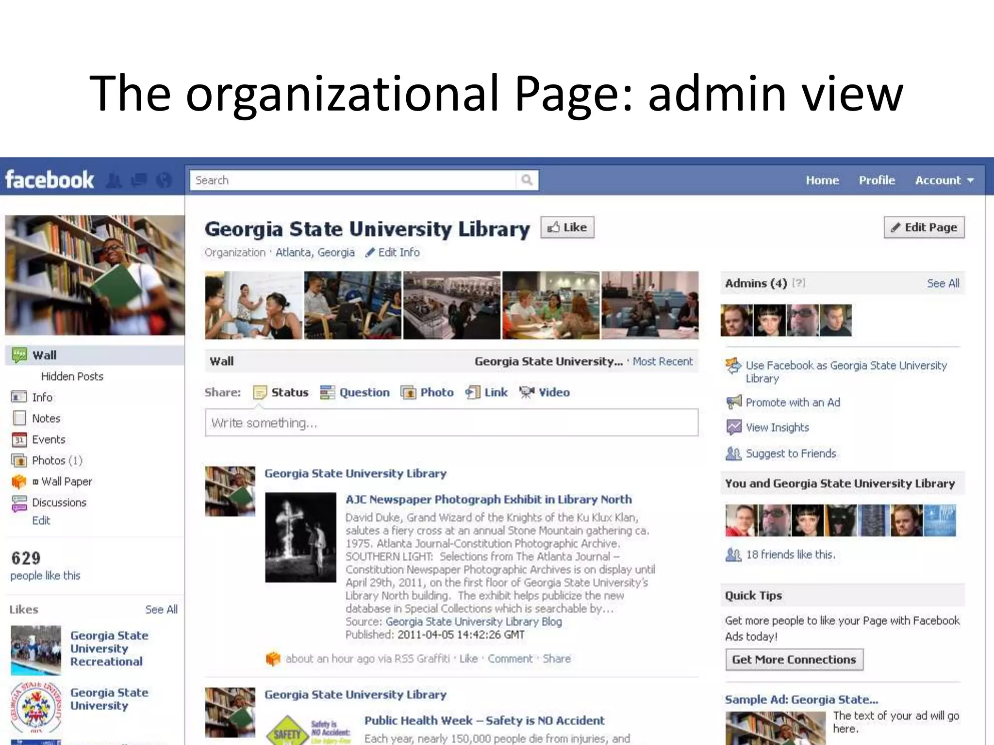 The organizational Page: admin view