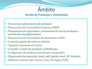 ÂmbitoGestão de Produção e DistribuiçãoForecasting e planeamento de produçãoPlaneamento de necessidades materiais (MRP)Planeamento de capacidades, nivelamento do mix de produção e controlo de estrangulamentosPlaneamento de necessidades de distribuição (DRP)Controlo e gestão do stock em trânsitoAquisição automática de dadosControlo e custeio de produção e distribuiçãoConfiguração de produtos assistida por computadorOrganização das operações (push, pull, gestão visual, JIT, Kanban) Melhoria contínua (5S’s, Kaizen, Lean, SixSigma,TQM) 