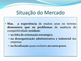 Situação do MercadoMas,  a experiência de muitos anos no terreno demonstra que os problemas de ausência de competitividade residem:nafalta de orientação estratégicanadesorganização administrativa e industrial das empresasnafocalização quase exclusiva no curto prazo.