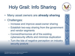 Holy Grail: Info Sharing
• Many asset owners are already sharing
• Challenges:
        – Increase and improve asset-owner sharing
        – Establish two-way sharing from the government
          and vendor segments
        – Connect/harmonize all of the existing
          cybersecurity efforts and minimize duplication
        – Turn the tide of negative perception on industry
          security posture


The National Electric Sector Cybersecurity Organization
(NESCO) is a DOE-funded EnergySec Program                    26
 