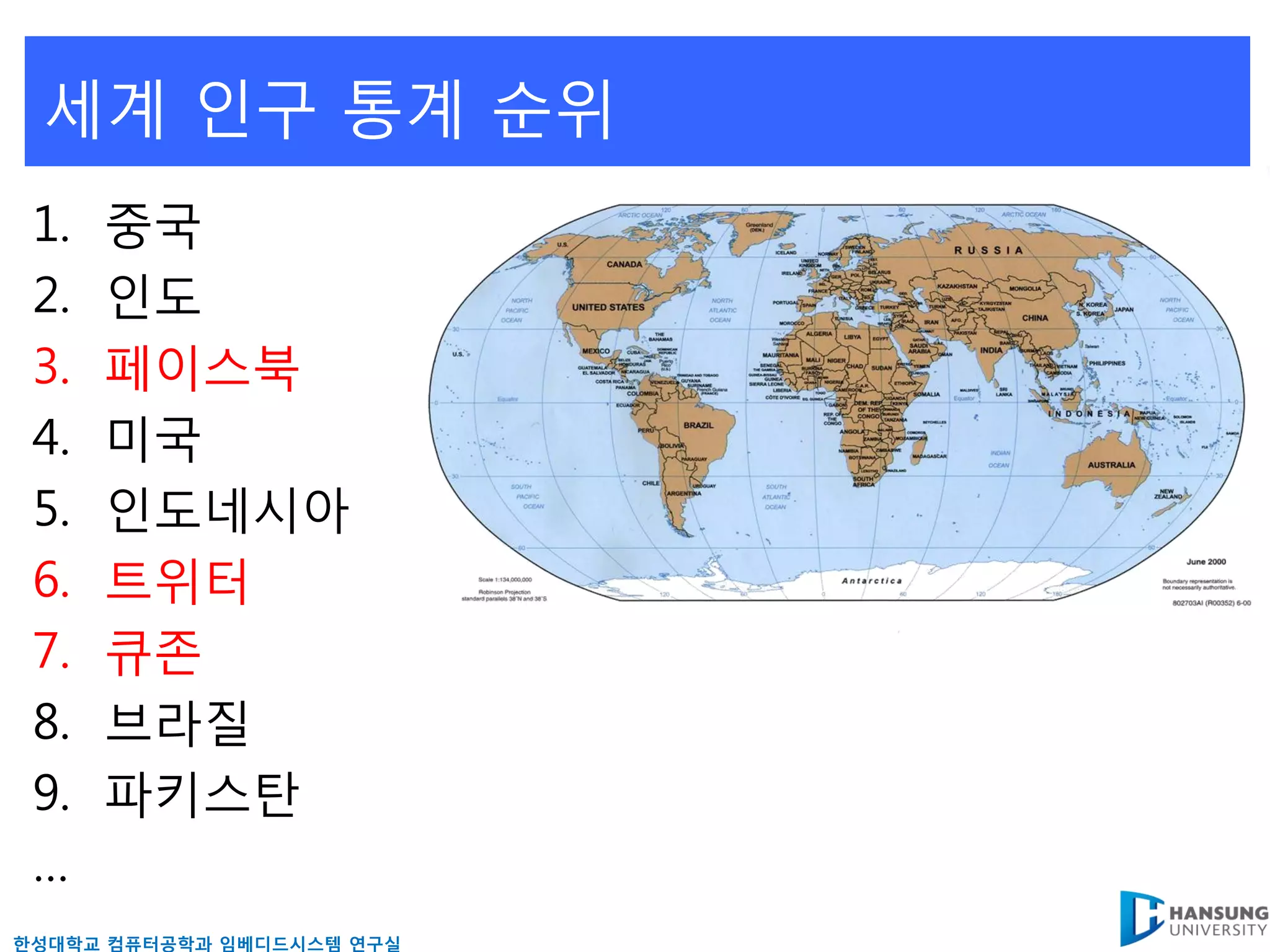 세계 읶구 통계 순위
 1.   중국
 2.   읶도
 3.   페이스북
 4.   미국
 5.   읶도네시아
 6.   트위터
 7.   큐존
 8.   브라질
 9.   파키스탄
 …
핚성대학교 컴퓨터공학과 임베디드시스템 연구실
 