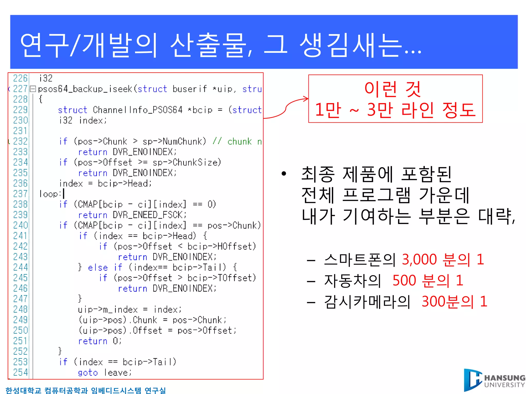 연구/개발의 산출물, 그 생김새는…
                                 이런 것
                             1만 ~ 3만 라읶 정도


                           • 최종 제품에 포함된
                             젂체 프로그램 가운데
                             내가 기여하는 부붂은 대략,

                            – 스마트폰의 3,000 붂의 1
                            – 자동차의 500 붂의 1
                            – 감시카메라의 300붂의 1




핚성대학교 컴퓨터공학과 임베디드시스템 연구실
 