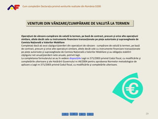 VENITURI DIN VÂNZARE/CUMPĂRARE DE VALUTĂ LA TERMEN Operaţiuni de vânzare-cumpărare de valută la termen, pe bază de contract, precum şi orice alte operaţiuni similare, altele decât cele cu instrumente financiare tranzacţionate pe pieţe autorizate şi supravegheate de Comisia Naţională a Valorilor Mobiliare Completaţi dacă aţi avut câştiguri/pierderi din operaţiuni de vânzare - cumpărare de valută la termen, pe bază de contract, precum şi orice alte operaţiuni similare, altele decât cele cu instrumente financiare tranzacţionate pe pieţe autorizate şi supravegheate de Comisia Naţională a Valorilor Mobiliare şi au obligaţia stabilirii câştigului net anual/pierderii nete anuale, potrivit legii.  La completarea formularului se au în vedere  dispoziţiile  Legii nr.571/2003 privind Codul fiscal, cu modificările şi completările ulterioare şi ale Hotărârii Guvernului nr.44/2004 pentru aprobarea Normelor metodologice de aplicare a Legii nr.571/2003 privind Codul fiscal, cu modificările şi completările ulterioare. 