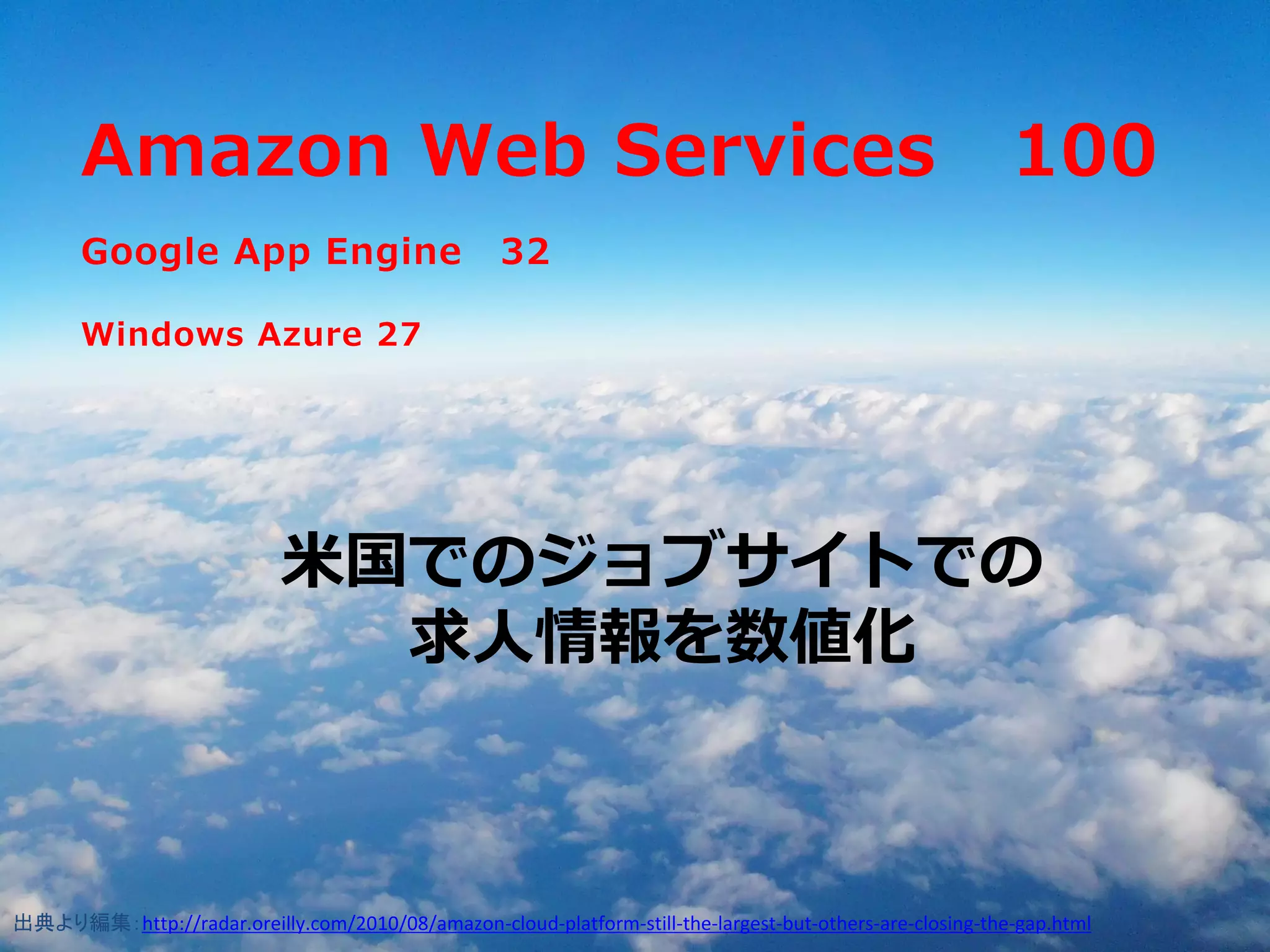 自己紹介
       Amazon Web Services 100
       Amazon 100
       Google App Engine32

       Google ３０
       Windows Azure 27

       Salesforces １０？？

                            米国でのジョブサイトでの
                              求人情報を数値化



出典より編集：http://radar.oreilly.com/2010/08/amazon-cloud-platform-still-the-largest-but-others-are-closing-the-gap.html
 