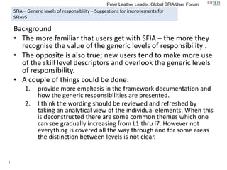 Peter Leather Leader, Global SFIA User Forum
    SFIA – Generic levels of responsibility – Suggestions for improvements for
    SFIAv5

    Background
    • The more familiar that users get with SFIA – the more they
      recognise the value of the generic levels of responsibility .
    • The opposite is also true; new users tend to make more use
      of the skill level descriptors and overlook the generic levels
      of responsibility.
    • A couple of things could be done:
         1.    provide more emphasis in the framework documentation and
               how the generic responsibilities are presented.
         2.    I think the wording should be reviewed and refreshed by
               taking an analytical view of the individual elements. When this
               is deconstructed there are some common themes which one
               can see gradually increasing from L1 thru l7. However not
               everything is covered all the way through and for some areas
               the distinction between levels is not clear.


1
 