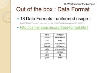 III. What’s under the humps?

Out of the box : Data Format


18 Data Formats - uniformed usage :
from(“file://input").marshal().zip().to("activemq:queue:MY_QUEUE");



http://camel.apache.org/data-format.html

 