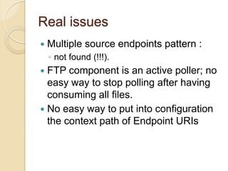 Real issues


Multiple source endpoints pattern :
◦ not found (!!!).

FTP component is an active poller; no
easy way to stop polling after having
consuming all files.
 No easy way to put into configuration
the context path of Endpoint URIs


 