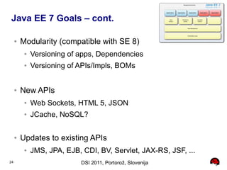 Java EE 7 Goals – cont.

     ●   Modularity (compatible with SE 8)
          ●   Versioning of apps, Dependencies
          ●   Versioning of APIs/Impls, BOMs


     ●   New APIs
          ●   Web Sockets, HTML 5, JSON
          ●   JCache, NoSQL?

     ●   Updates to existing APIs
          ●   JMS, JPA, EJB, CDI, BV, Servlet, JAX-RS, JSF, ...
24                           DSI 2011, Portorož, Slovenija
 