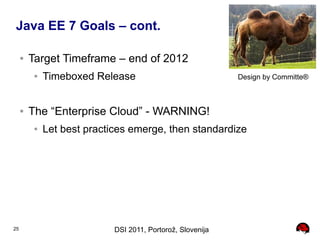 Java EE 7 Goals – cont.

     ●   Target Timeframe – end of 2012
          ●   Timeboxed Release                              Design by Committe®



     ●   The “Enterprise Cloud” - WARNING!
          ●   Let best practices emerge, then standardize




25                           DSI 2011, Portorož, Slovenija
 