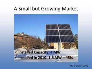 A Small but Growing MarketInstalled Capacity: 4 MWInstalled in 2010: 1.8 MW – 45%Photo credit: CERTs