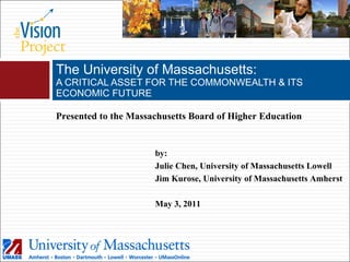 The University of Massachusetts: A CRITICAL ASSET FOR THE COMMONWEALTH & ITS ECONOMIC FUTURE Presented to the Massachusetts Board of Higher Education by: Julie Chen, University of Massachusetts Lowell Jim Kurose, University of Massachusetts Amherst May 3, 2011 