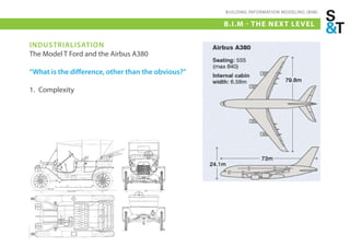 BUILDING INFORMATION MODELING (BIM)

                                                    B.I.M - THE NEX T LE VEL

INDUSTRIALISATION
The Model T Ford and the Airbus A380

“What is the difference, other than the obvious?”

1. Complexity
 