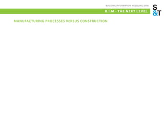 BUILDING INFORMATION MODELING (BIM)

                                         B.I.M - THE NEX T LE VEL

MANUFACTURING PROCESSES VERSUS CONSTRUCTION
 